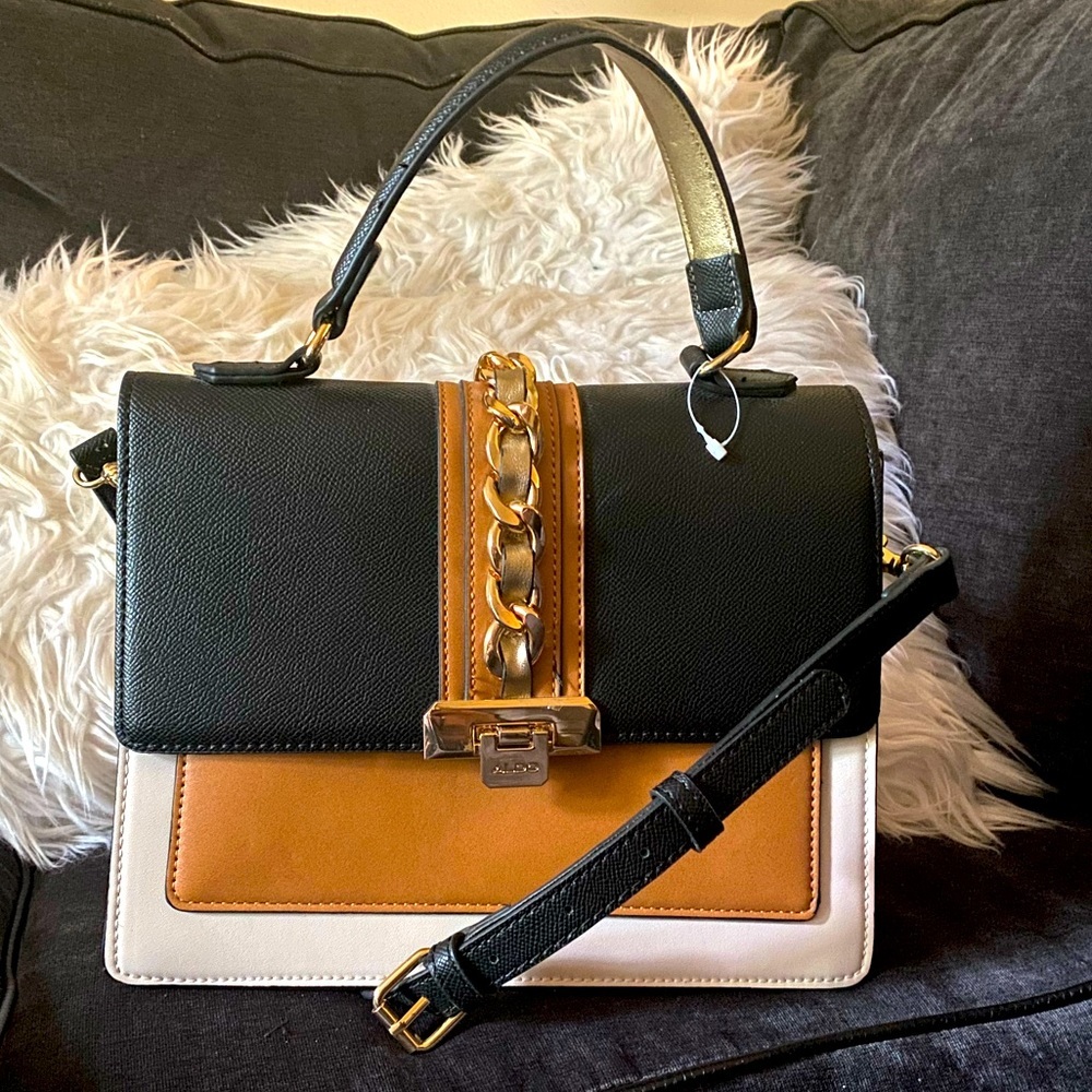Aldo Colorblock Chain Top Handle Crossbody Satchel Bag Black Tan White NWT - Picture 2 of 5